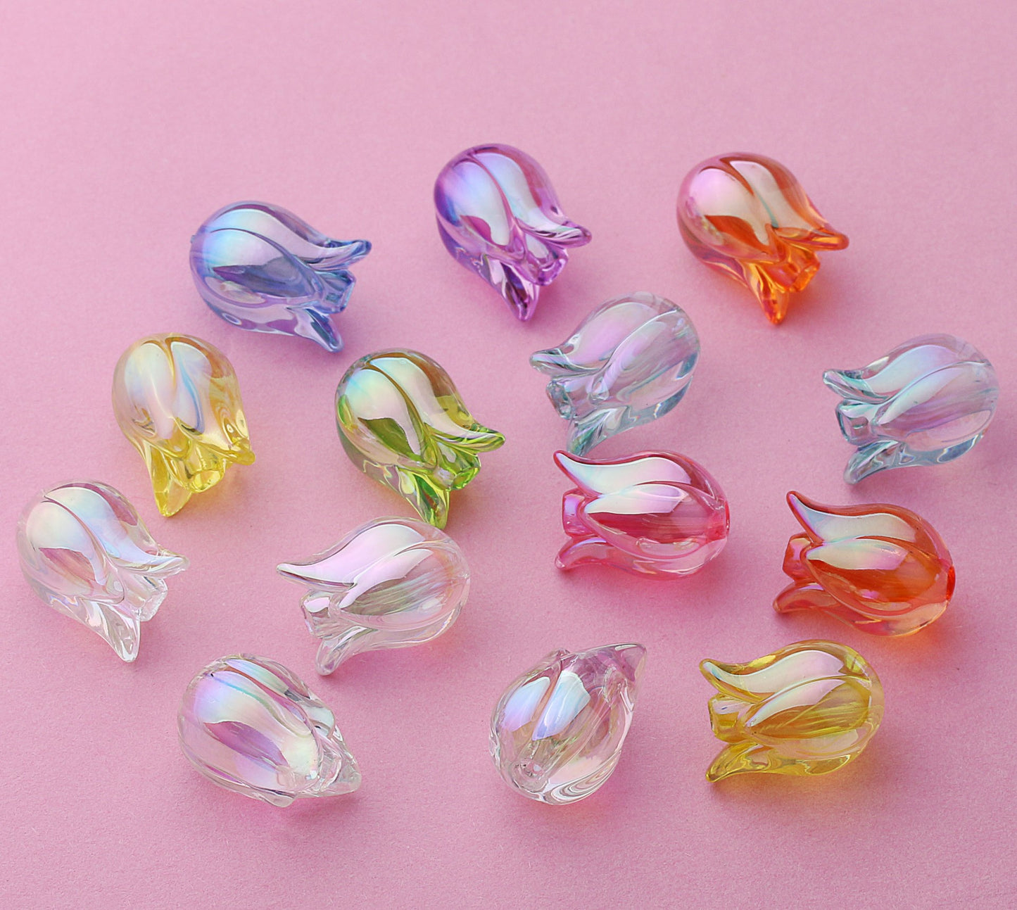 Clean transparent multi-colored tulip-shaped beads