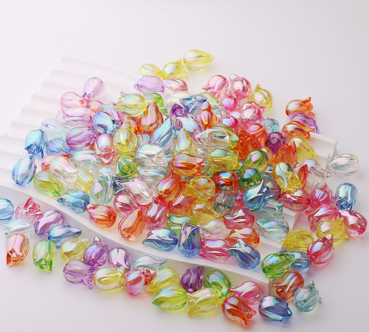 Clean transparent multi-colored tulip-shaped beads