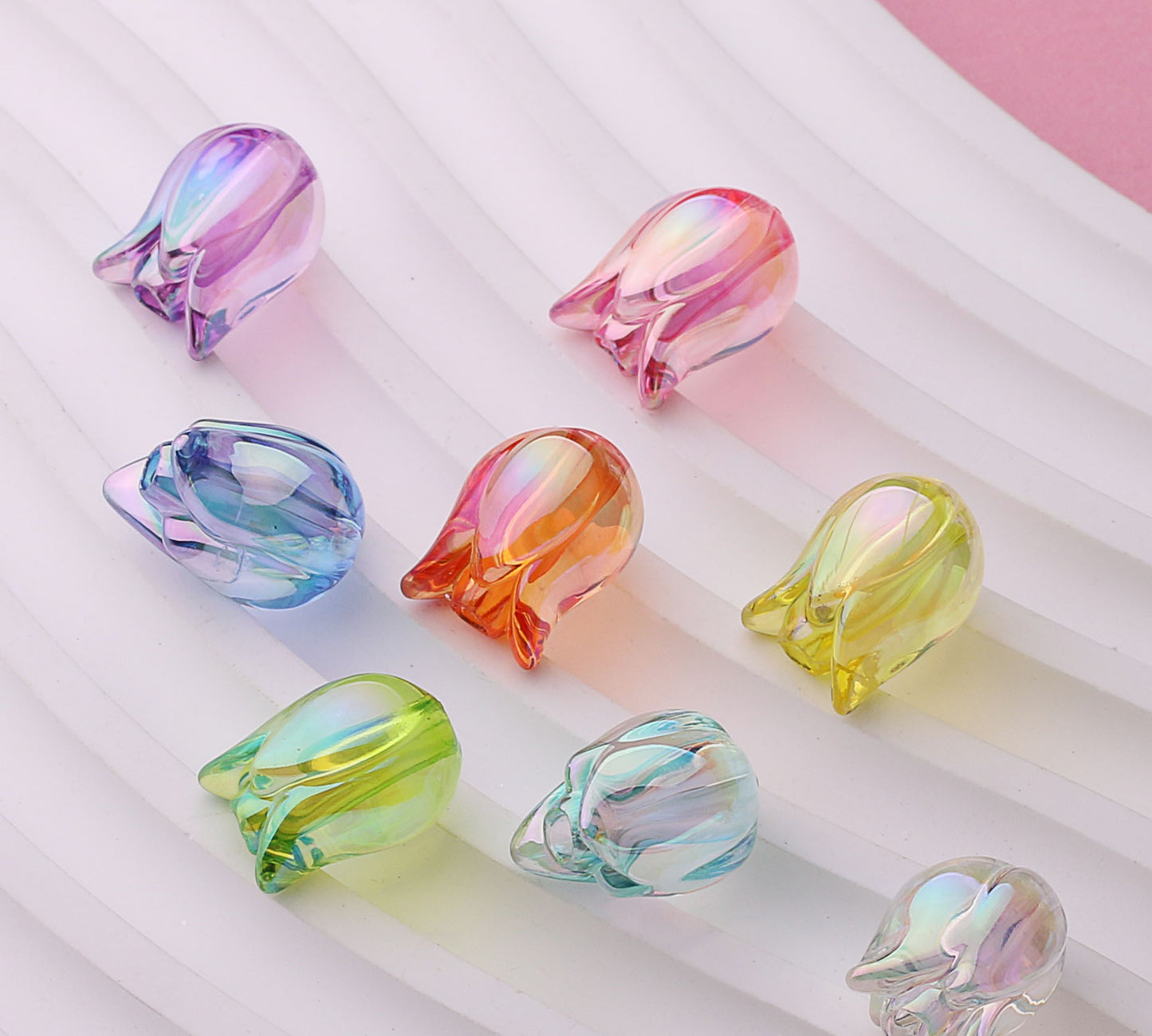 Clean transparent multi-colored tulip-shaped beads