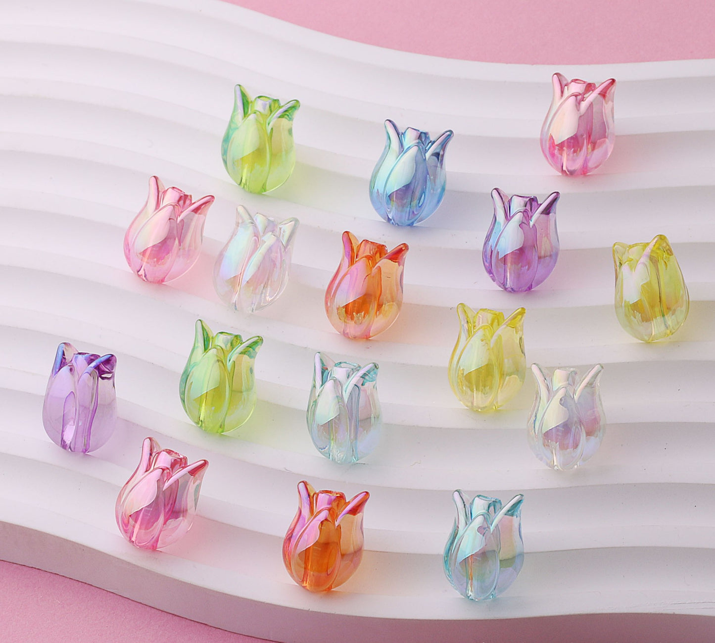 Clean transparent multi-colored tulip-shaped beads