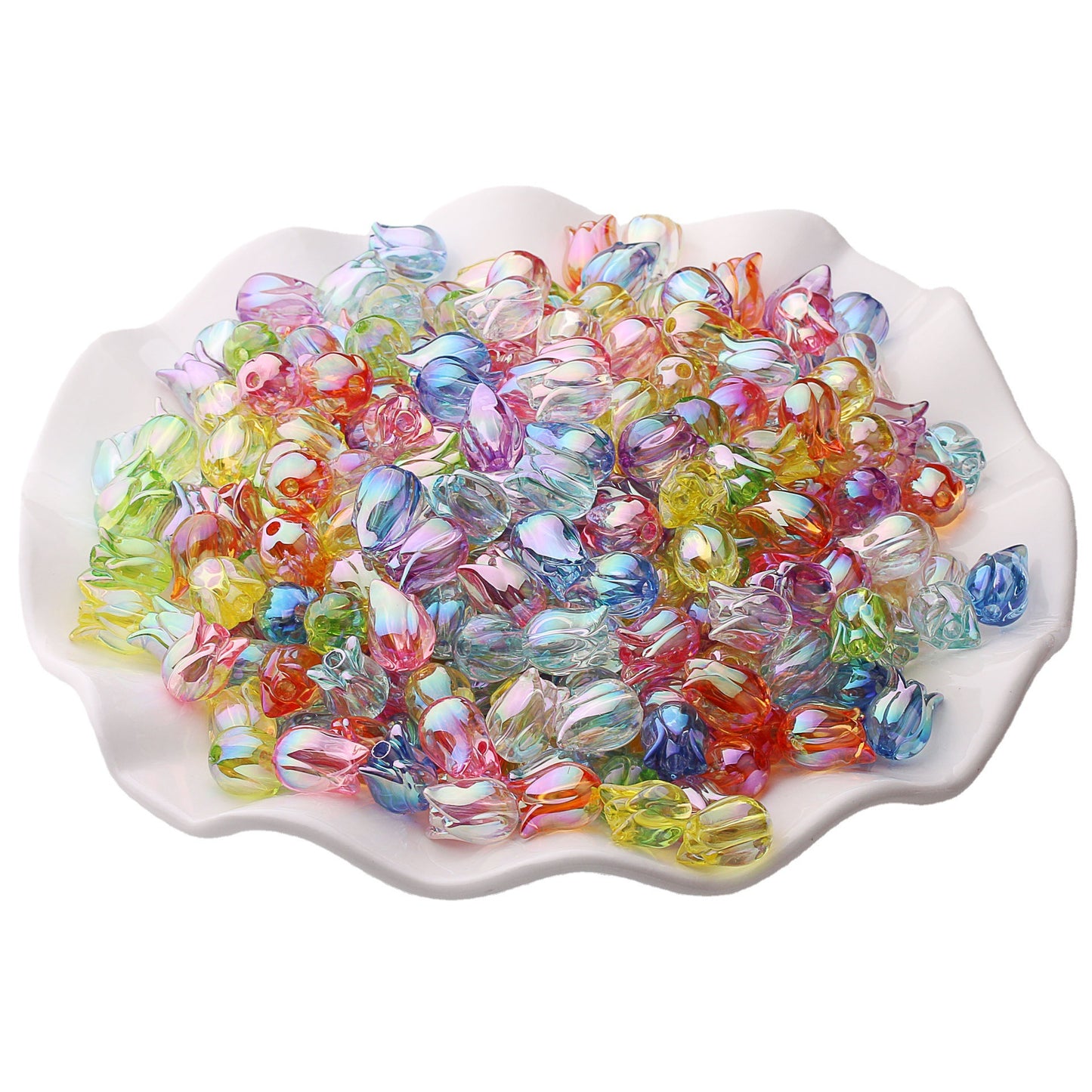 Clean transparent multi-colored tulip-shaped beads